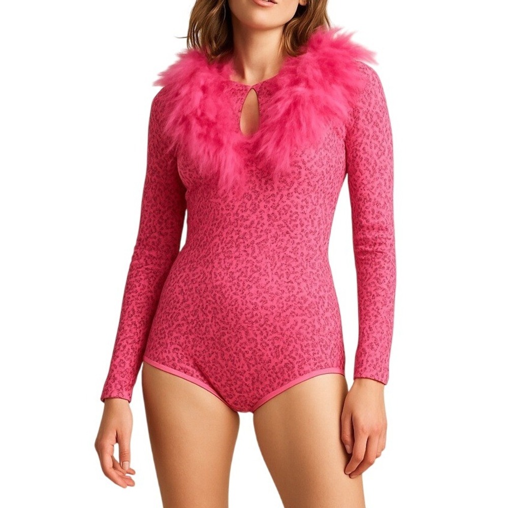 Weissman Hot Pink Sequin Feather‎ Trim Romper Leotard Costume Adult Dance XXS